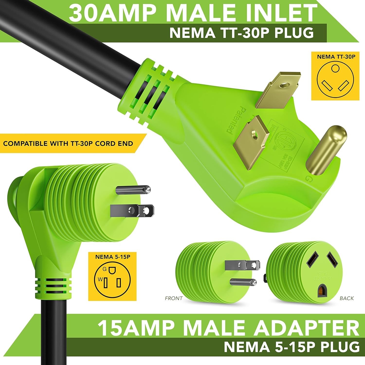 Power Adapter 3 prong 15 amp Male to 30 amp Female RV Camper Generator Plug O…