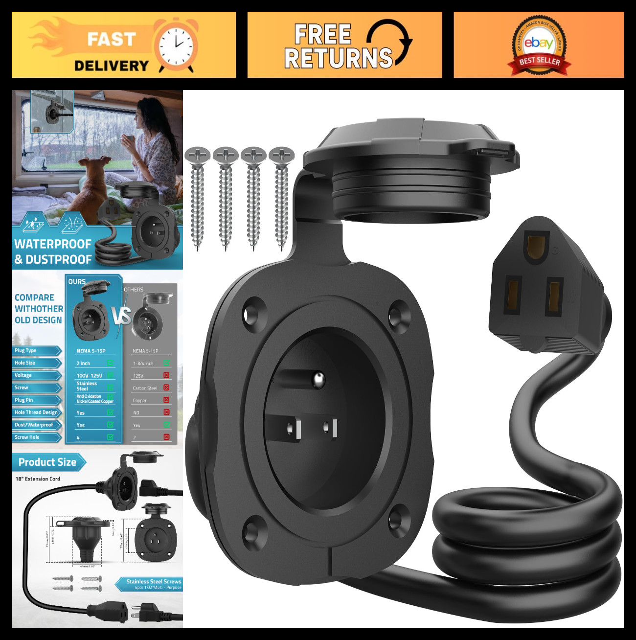 15 Amp Shore Power Inlet Plug 125V NEMA 5-15 with 18″ Extension Cord & Waterproo