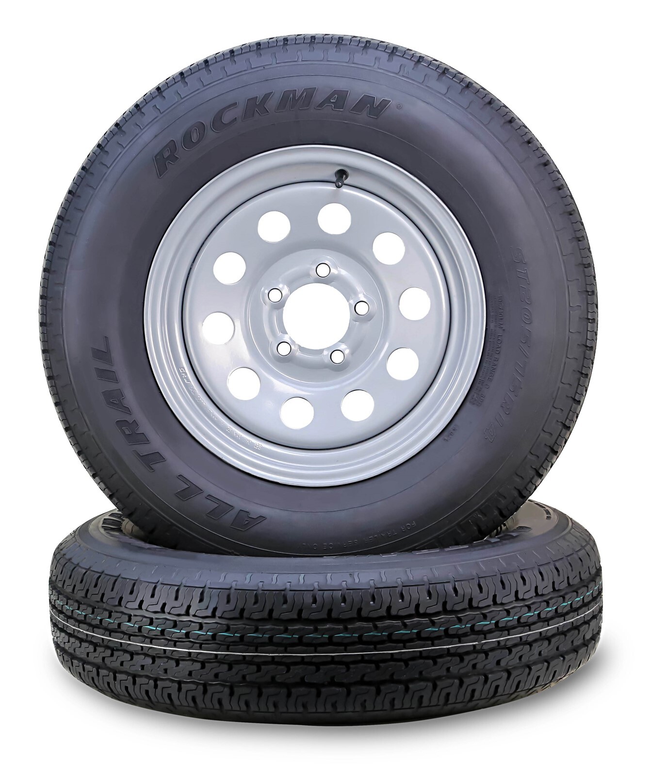 2 ROCKMAN Trailer Tire Rim ST205/75R14 8-Ply D 105M 5 Lug on 4.5″ Silver Mod