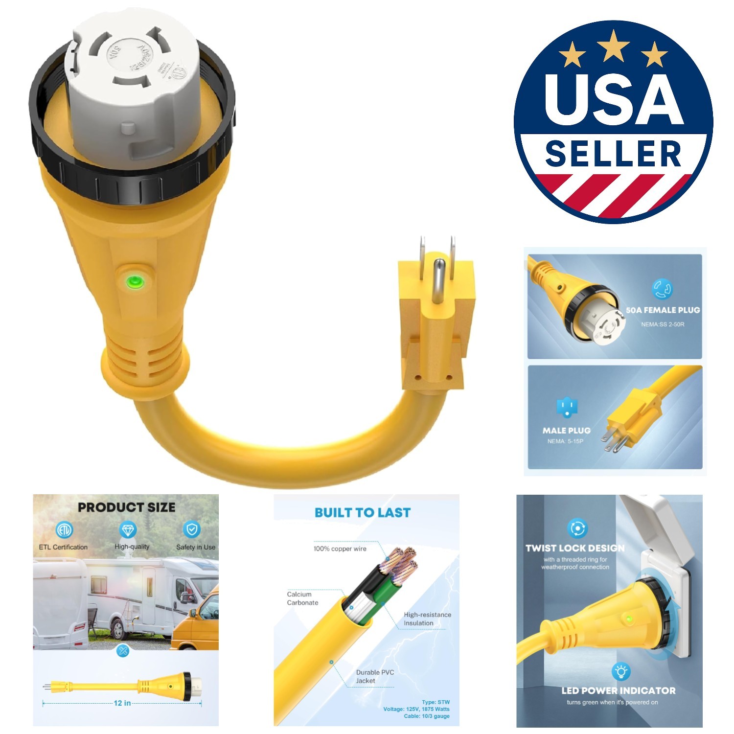 Versatile 50 Amp to 15 Amp RV Power Cord Adapter – Safe & Reliable Connection