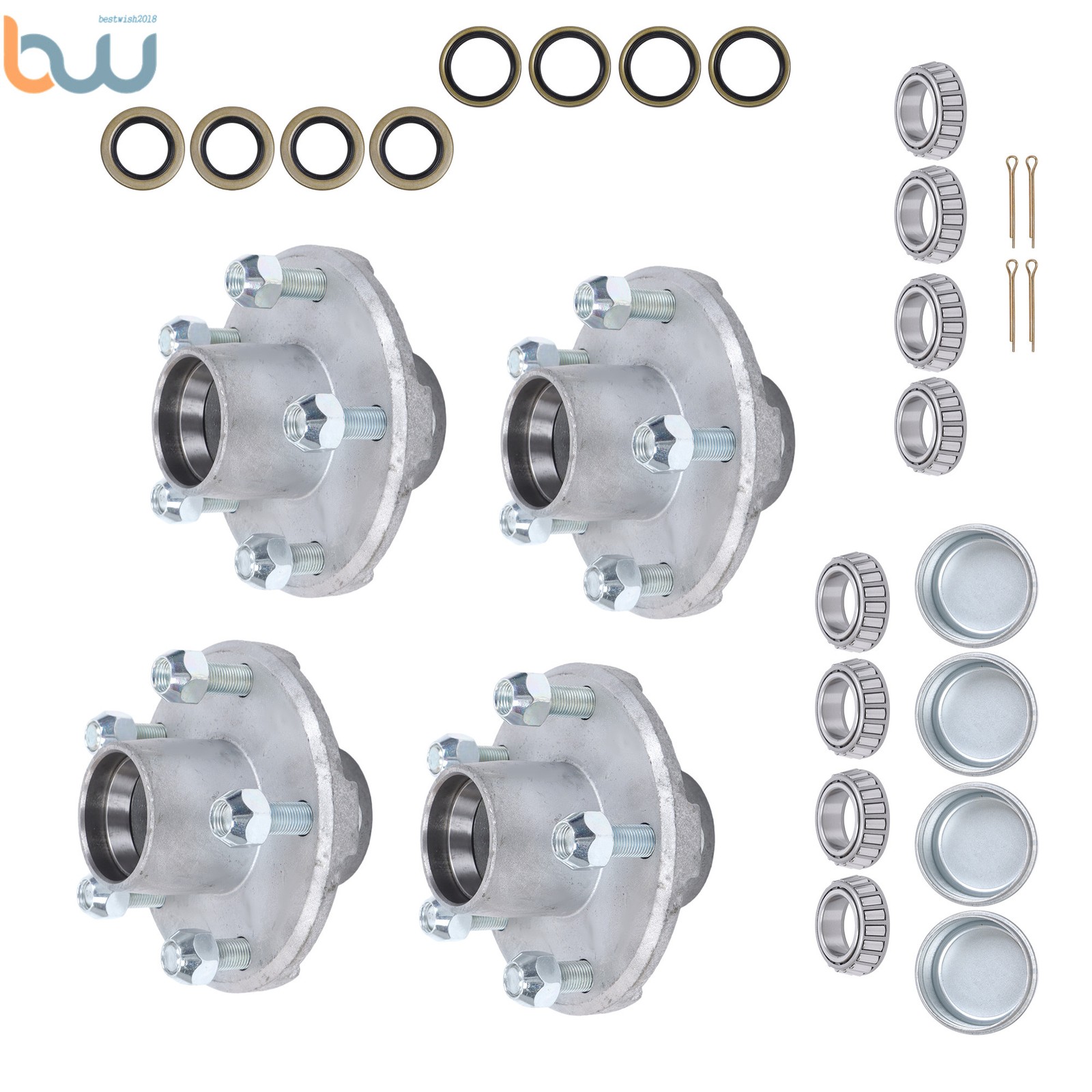 Pack of 4 5 Lug 5 on 4.5″ Boat Trailer Galvanized Hub 2000lb 1-1/16″(44649) Kit