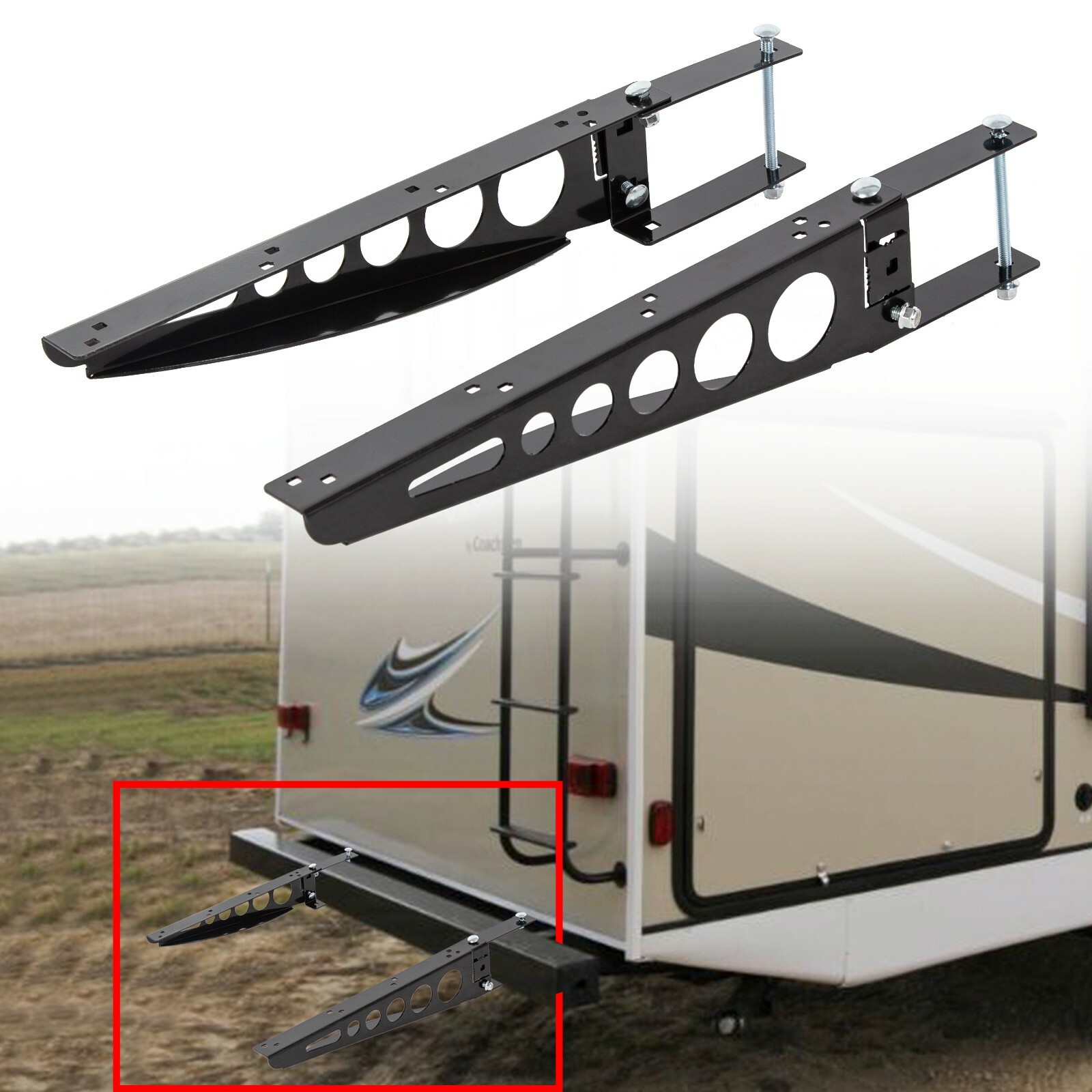 RV 4″ Square Rear Bumper Mounted Cargo Box Carrier Support Arms Bracket Black
