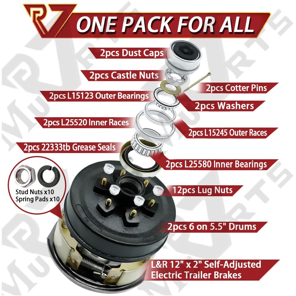 12″X2″ Electric Trailer Self-Adjusting Brake, 6 on 5.5″ Hub Drum Set 5.2-7k Axle