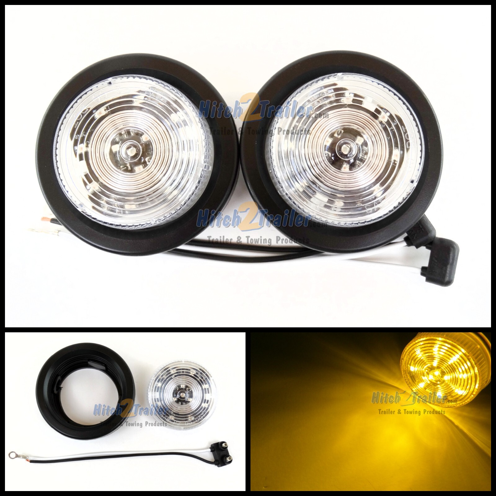 (2) CLEAR LENS / AMBER 12 LED Light Trailer 2-1/2″ round,Clearance marker 2.5″