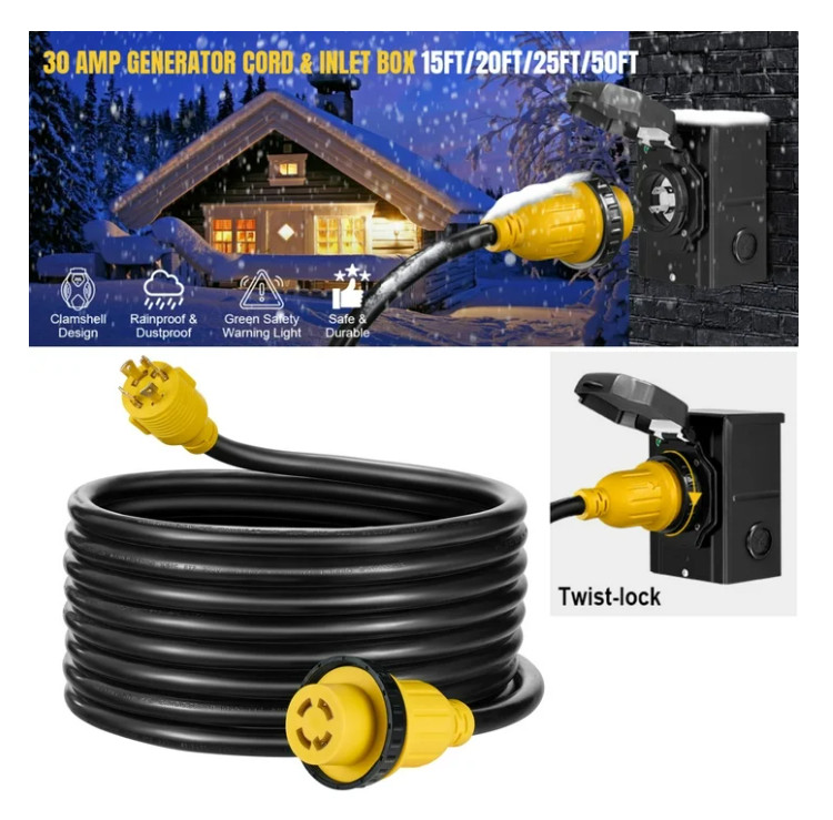 50 Foot Heavy Duty 30A Extension Cord with Inlet Box ETL L14-30P L14-30R