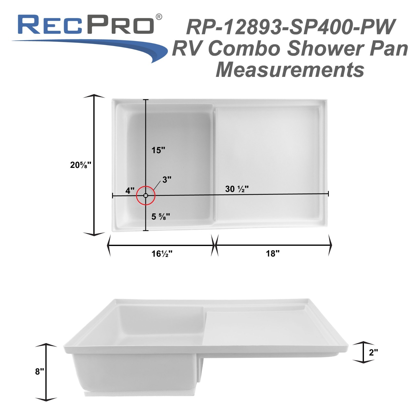 RecPro RV Combo Shower Pan 35″ x 21″ Corner Drain | White | Toilet Mount