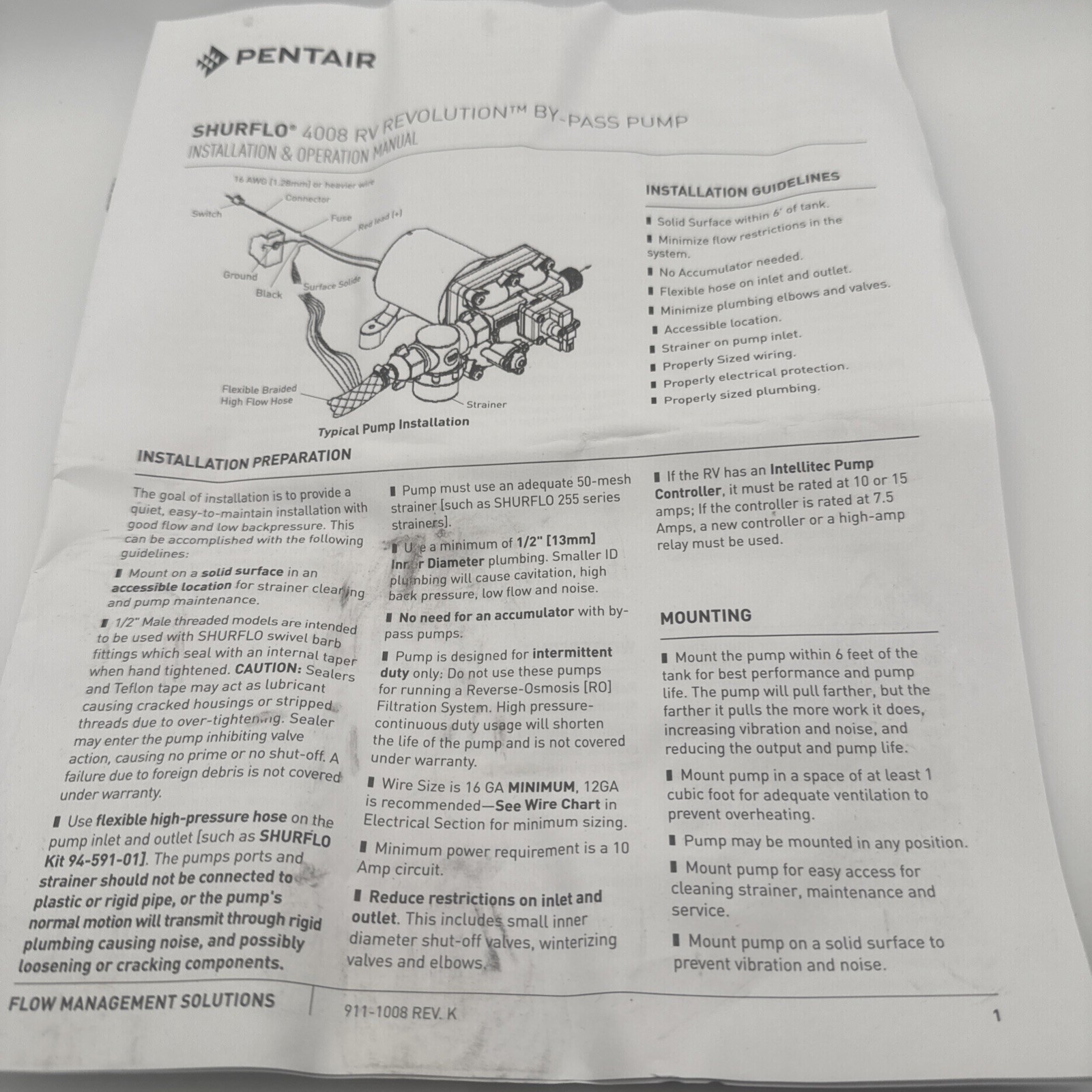 Pentair Shurflo 12V RV Water Pump 3.0 GPM 55 PSI – 1 Pump