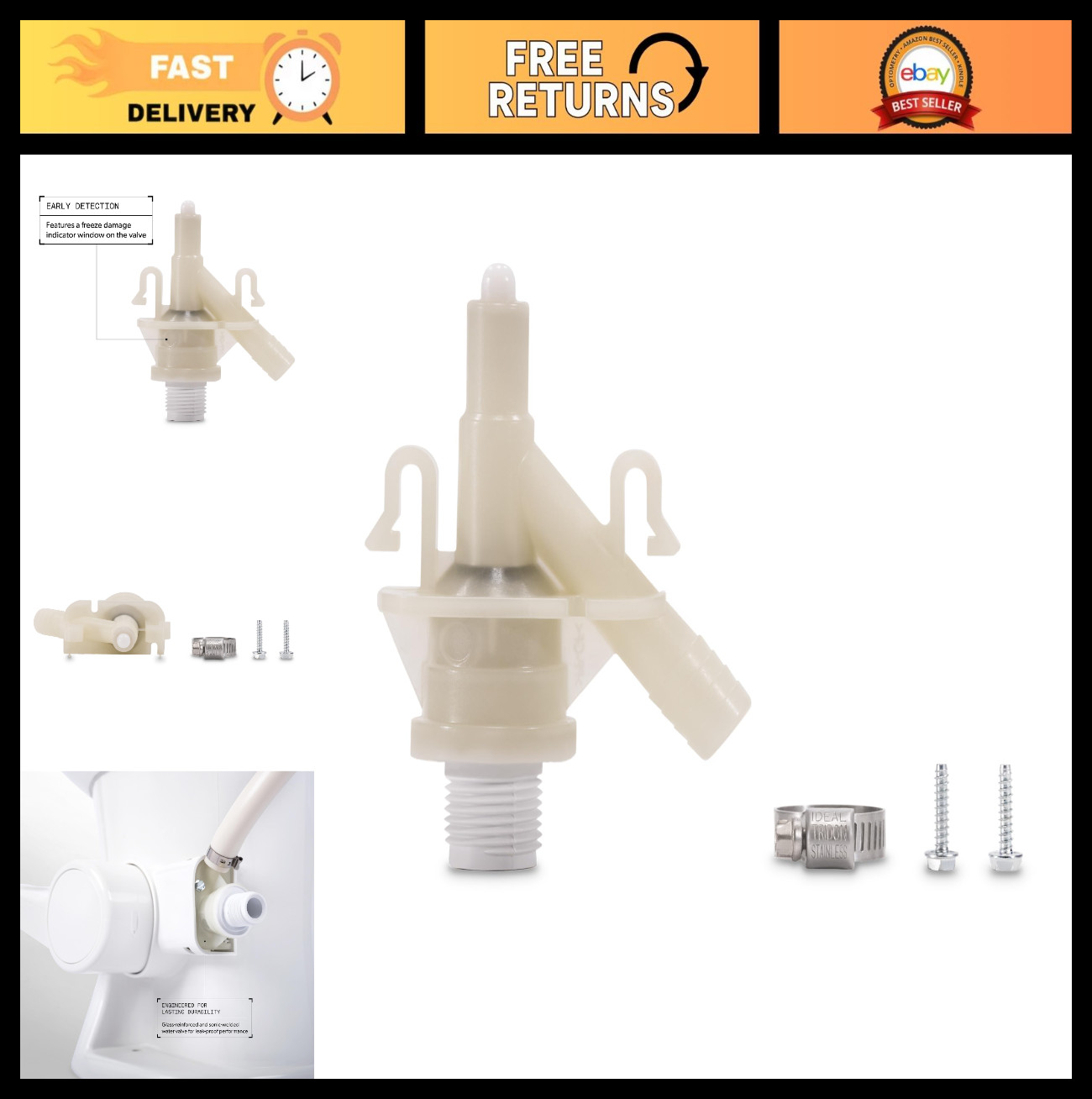 Water Valve Kit for RV Toilets | 300 & 400 Series | Hose Clamp & Fasteners Inclu