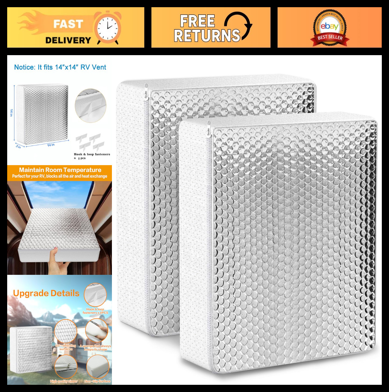 2 Pack RV Vent Insulator & Skylight Cover 14″x14″x3″ – UV Protection, Heat Reduc