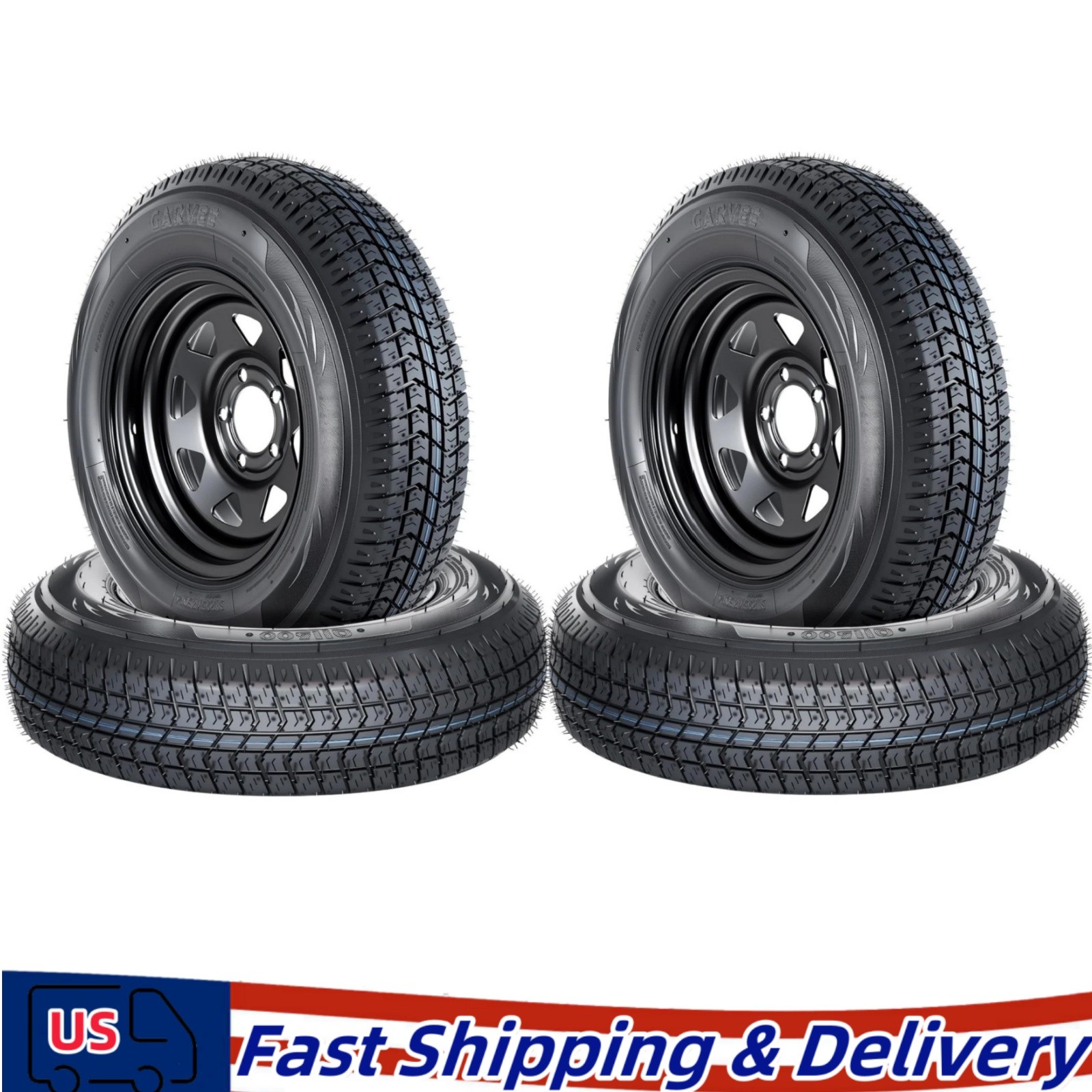 4-Pk ST205/75D14 6PLY Trailer Tires On Rims Load Range C 14in Black Spoke Wheel