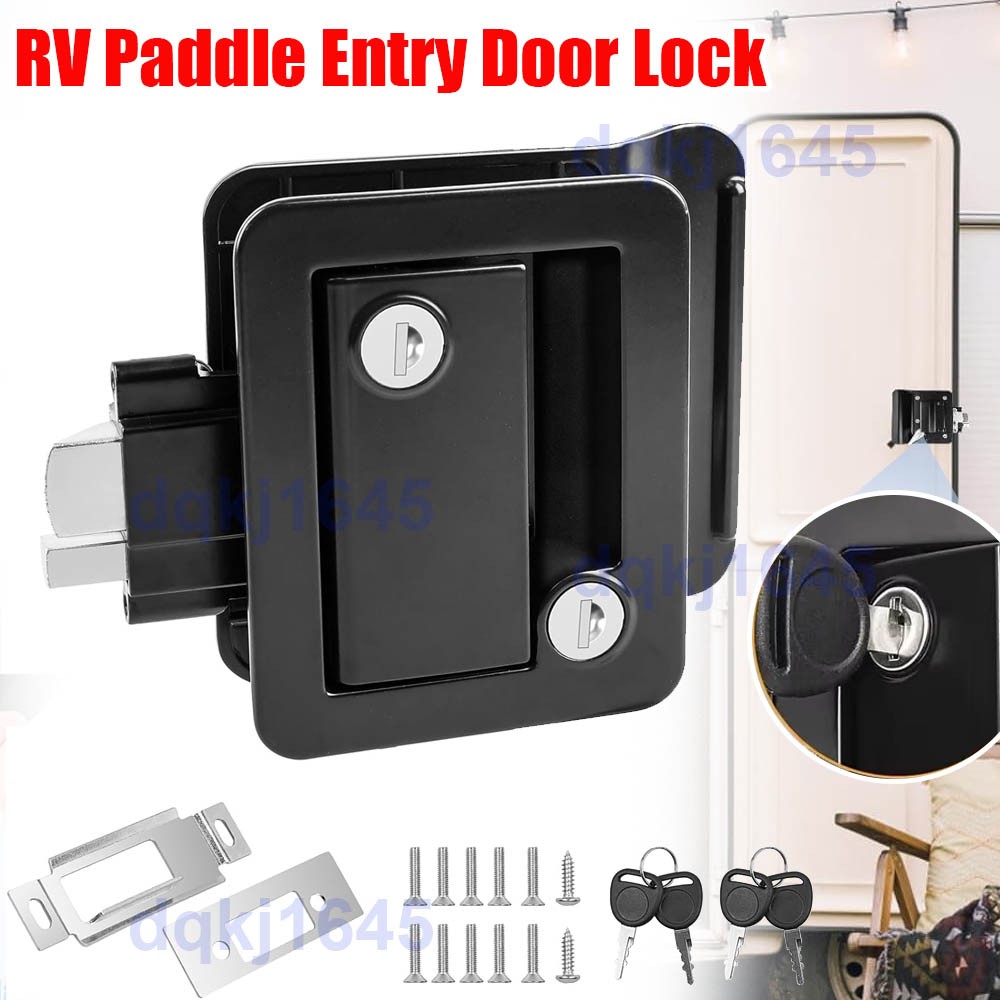 Replacement RV Door Lock Handle with Deadbolt, Complete Paddle Lock Set Black