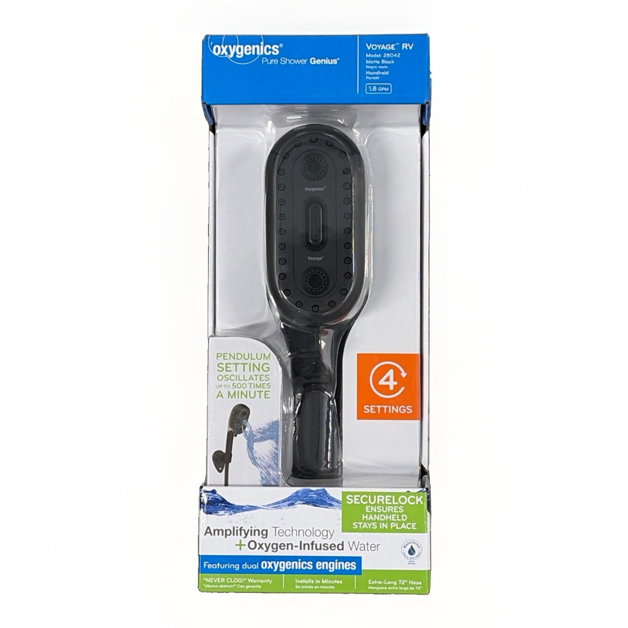 Oxygenics 28042 Shower Head Voyage RV Matte Black, 1.8 GPM 72″ Hose/Mount/C-Ring