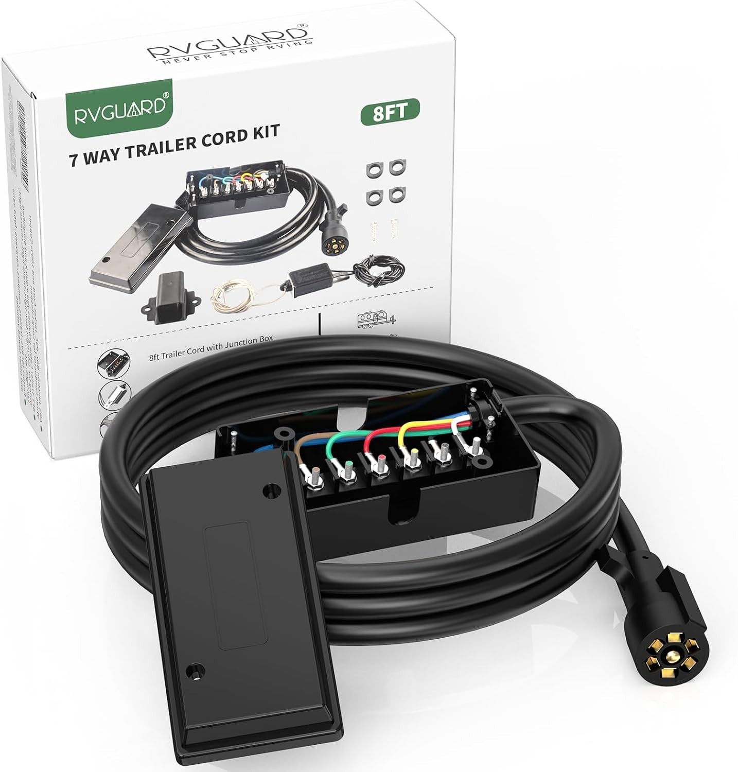 7 Way 8 Foot Trailer Cord with 7 Gang Junction Box Kit | 12V Breakaway Switch…