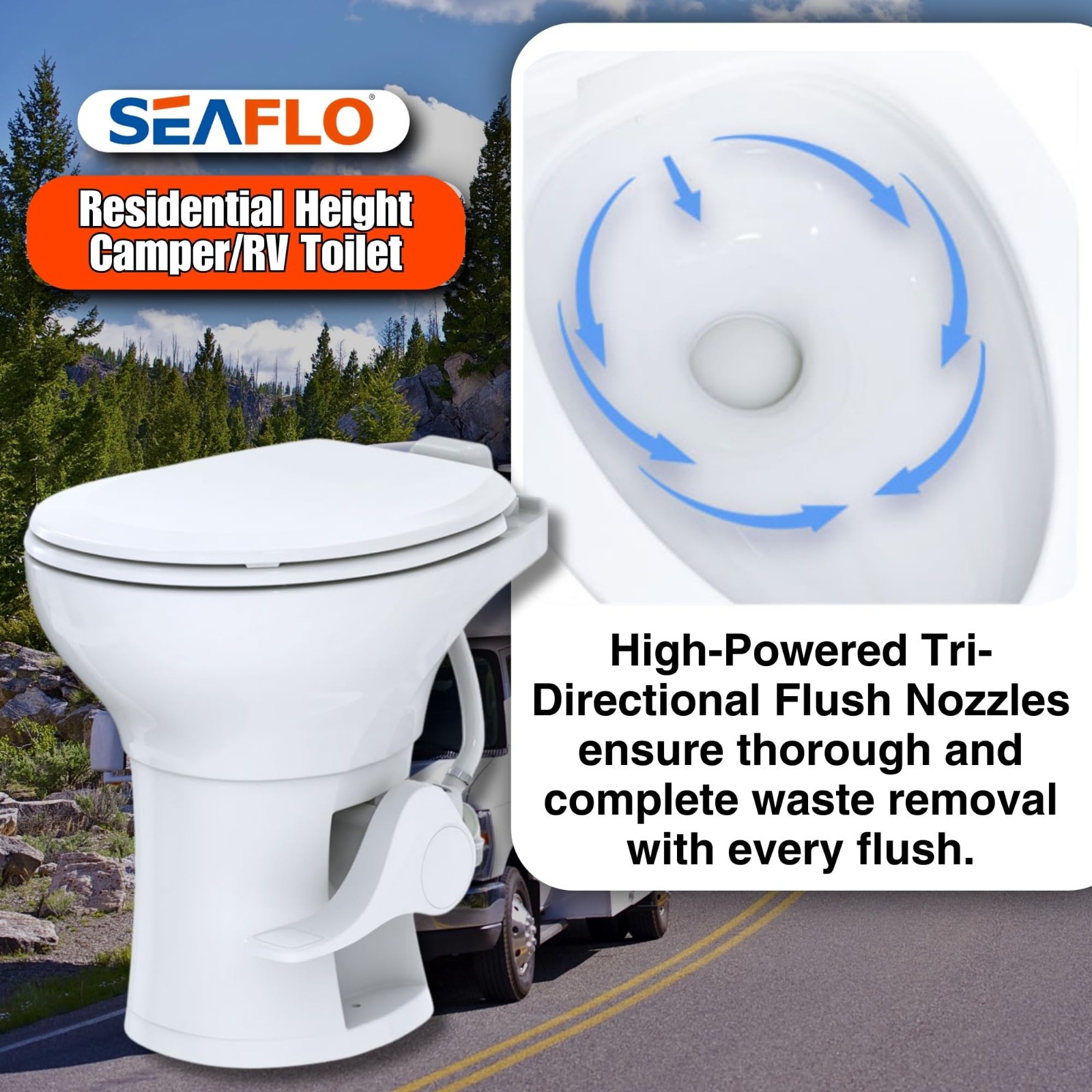 SEAFLO Residential Height Camper/RV Toilet with Elongated Ceramic Bowl, 19”