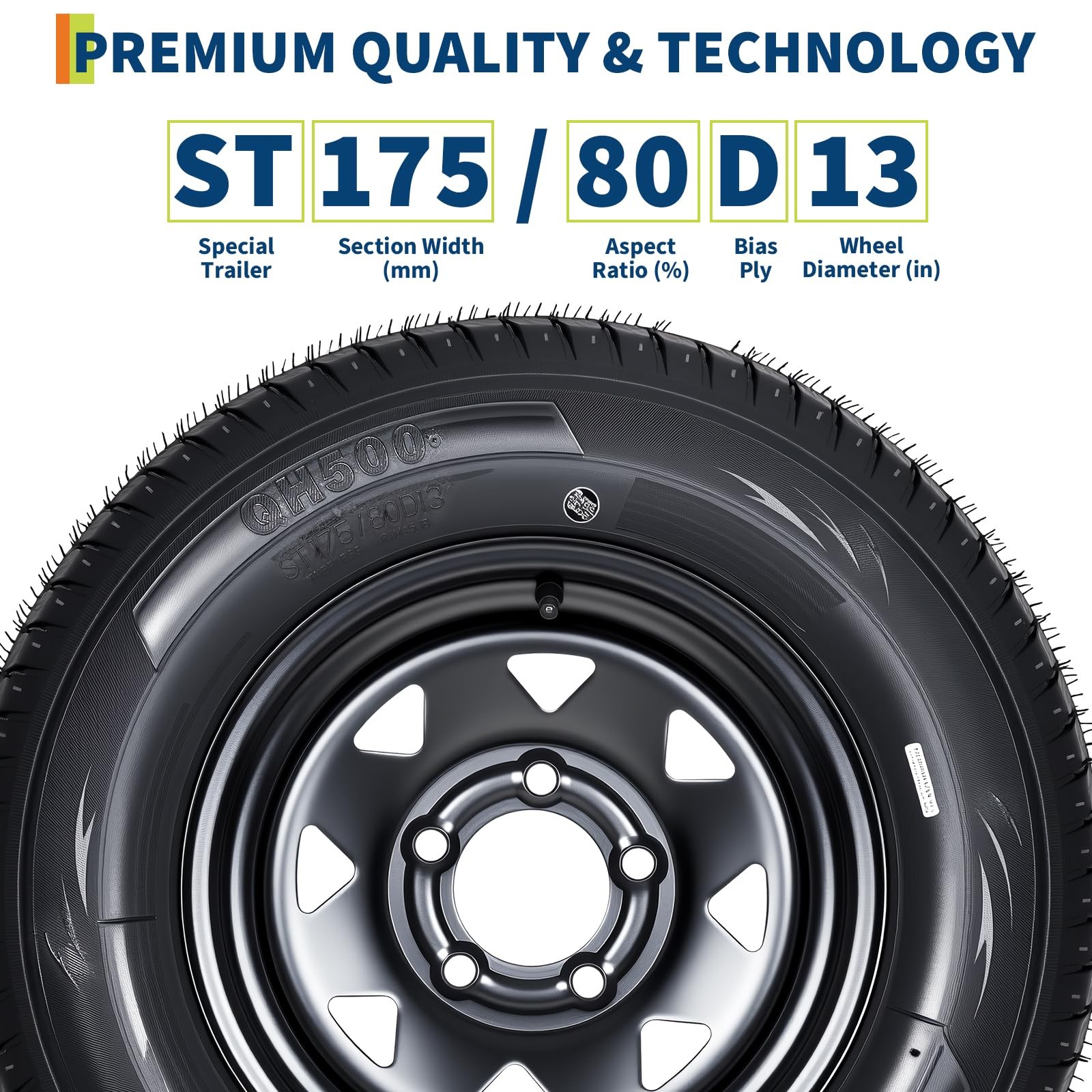 ⭐set of 4 ST175/80D13 Trailer Tires w/13″ Black Steel Rims 5 Lug 4.5″ 175/80D13