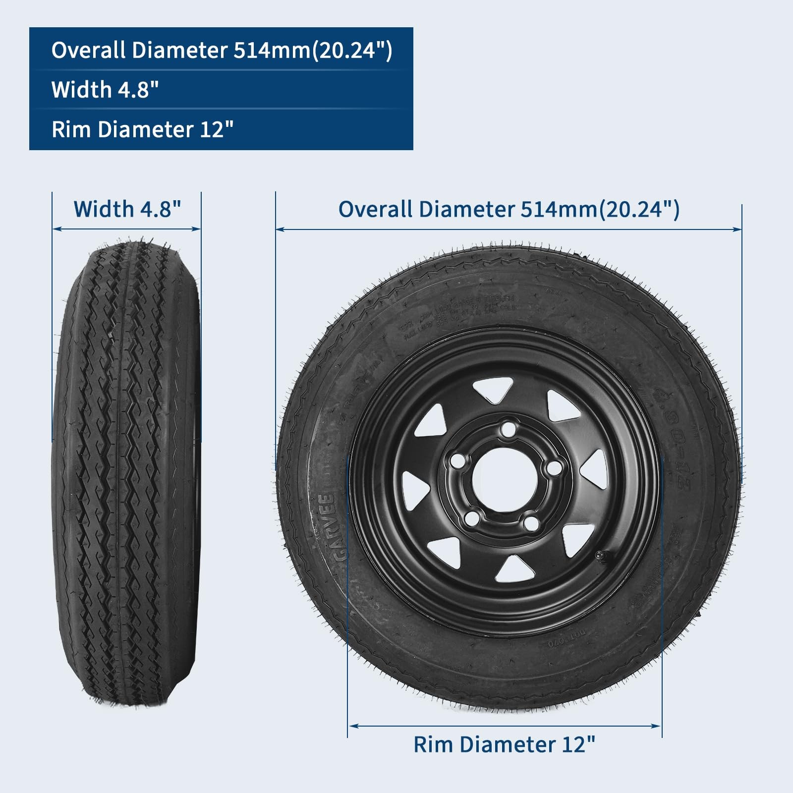 2-Pack Trailer Tire On Rim 4.80-12 480-12 4.80×12 5 Lug on 4.5″ PCD 12″ Wheel