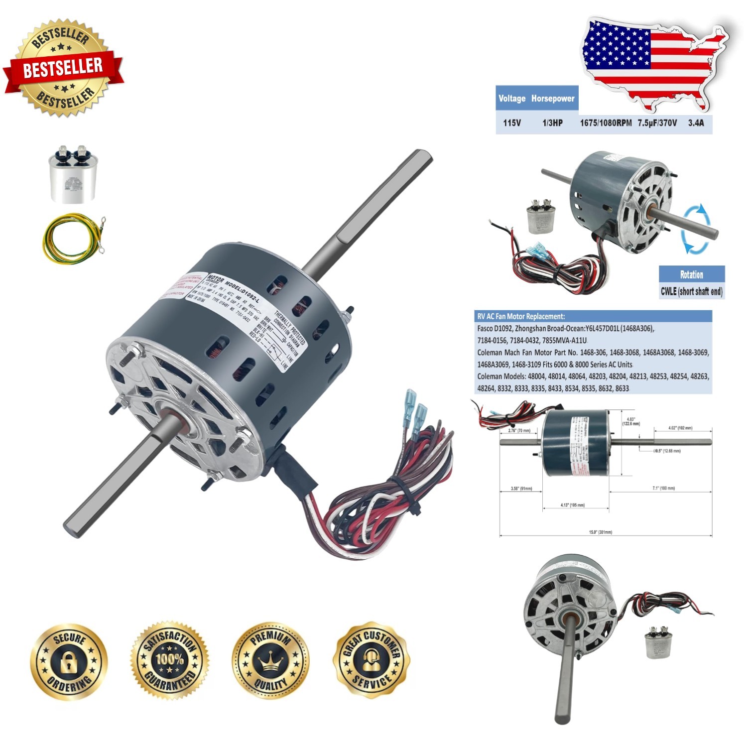 Durable RV AC Motor 1/3HP 2 Speed 115V Broad-Ocean Y6L457D01L Replacement