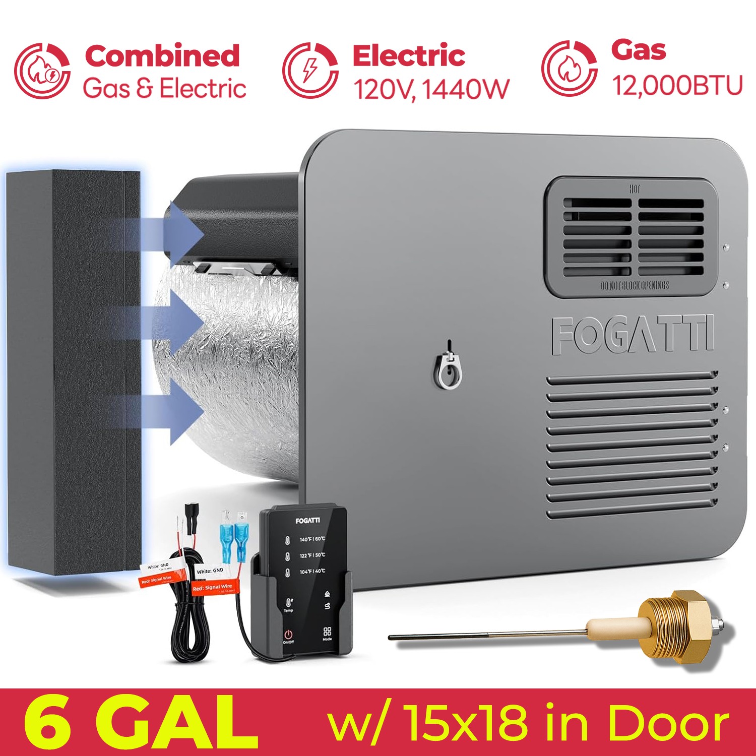 6 Gallon RV Tank Water Heater 12000 BTU Gas & 1440 W Electric w/ 15″x18″ Door