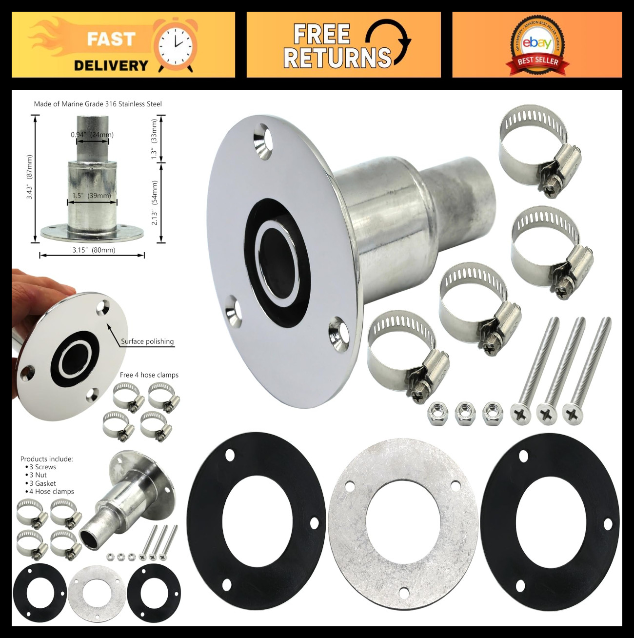 Thru Hull Exhaust Fitting for Diesel Heater, 316 Stainless Steel, 0.94″ Hose Pip