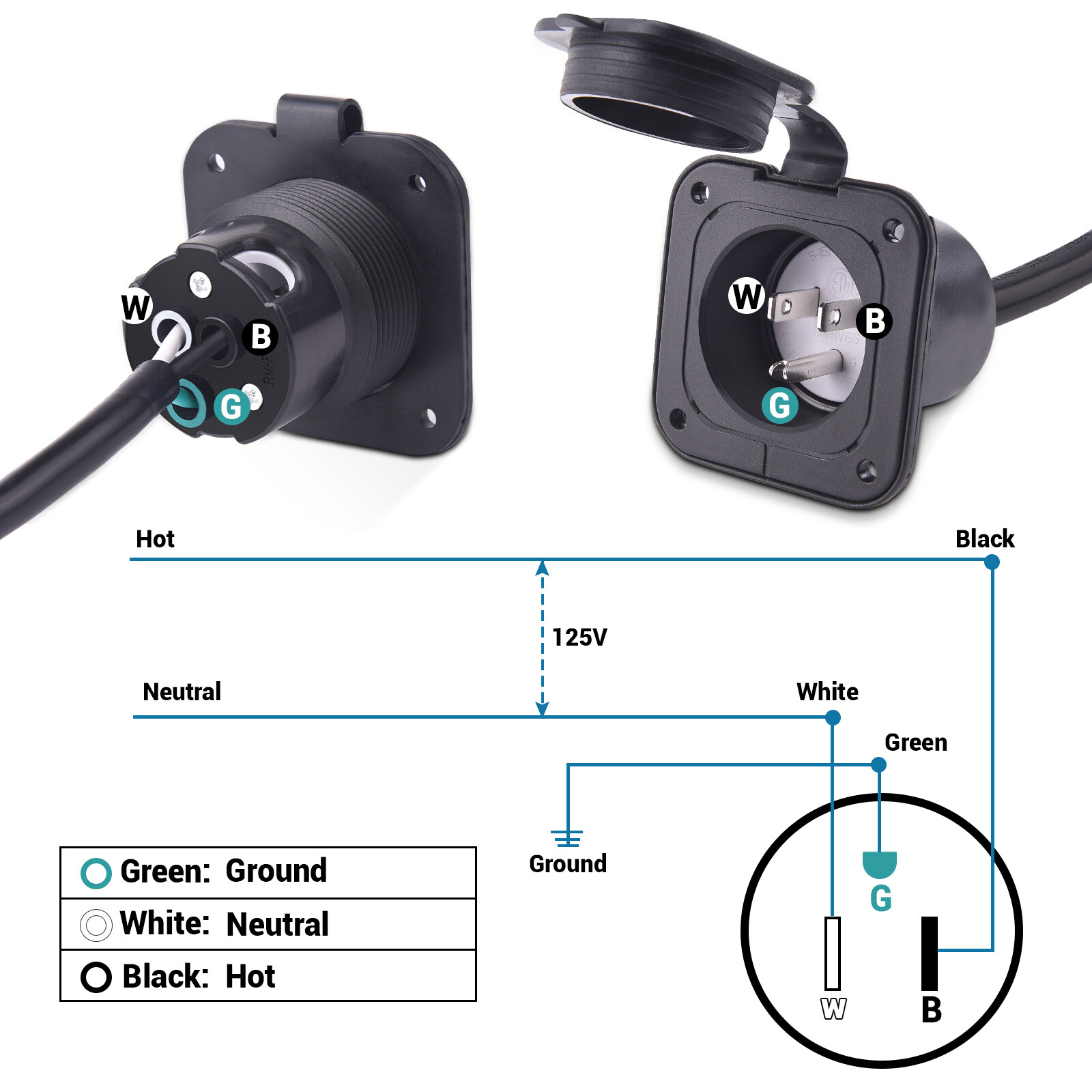 18 Inch 15 Amp AC Port Plug Power Inlet Integrate Extension Cord NEMA 5-15P Plug
