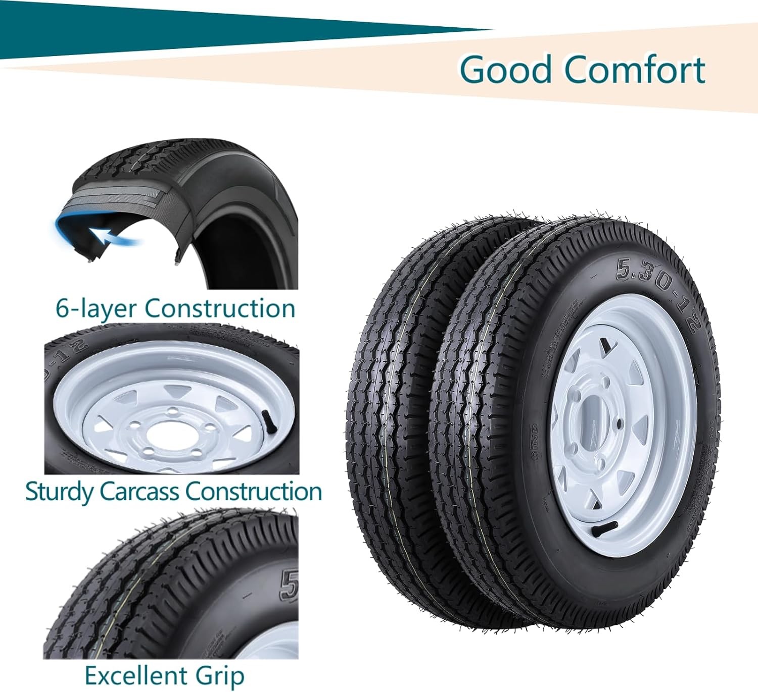 2Pack 5.30-12 Trailer Tire On Rim 5.30×12 530-12 6PR LRC 5 Lug White Spoke Wheel