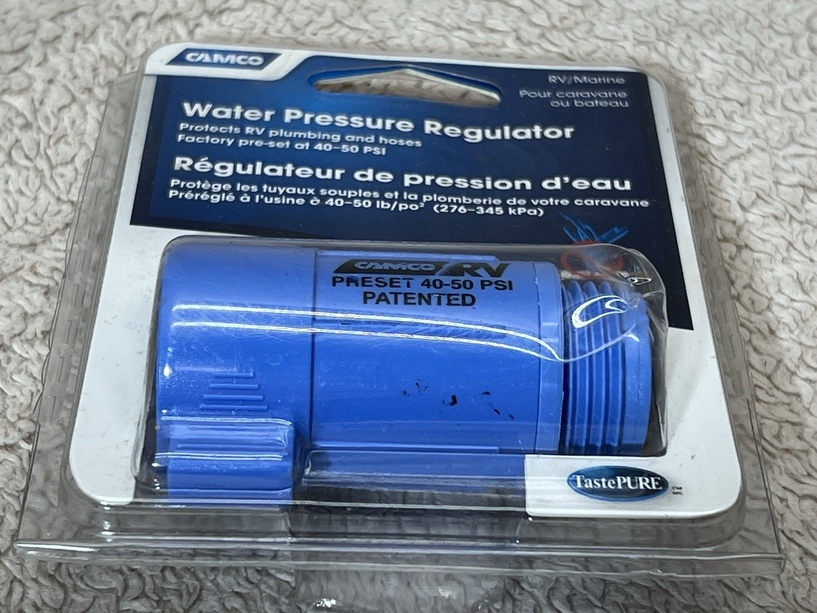 Camco 40143 RV/Marine Water Pressure Regulator Preset 40–50 PSI Blue