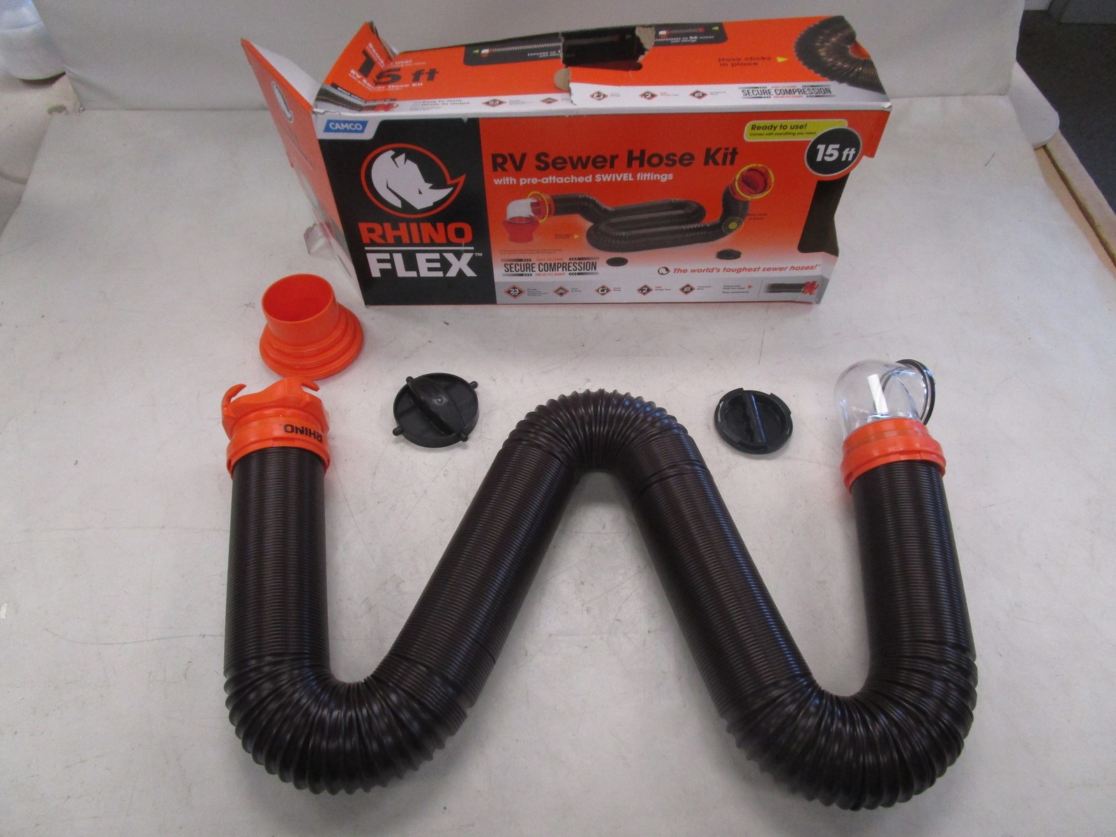 CAMCO RHINO FLEX SEWER HOSE KIT 15′ FOOT W/ SWIVEL FITTINGS RV CAMPER