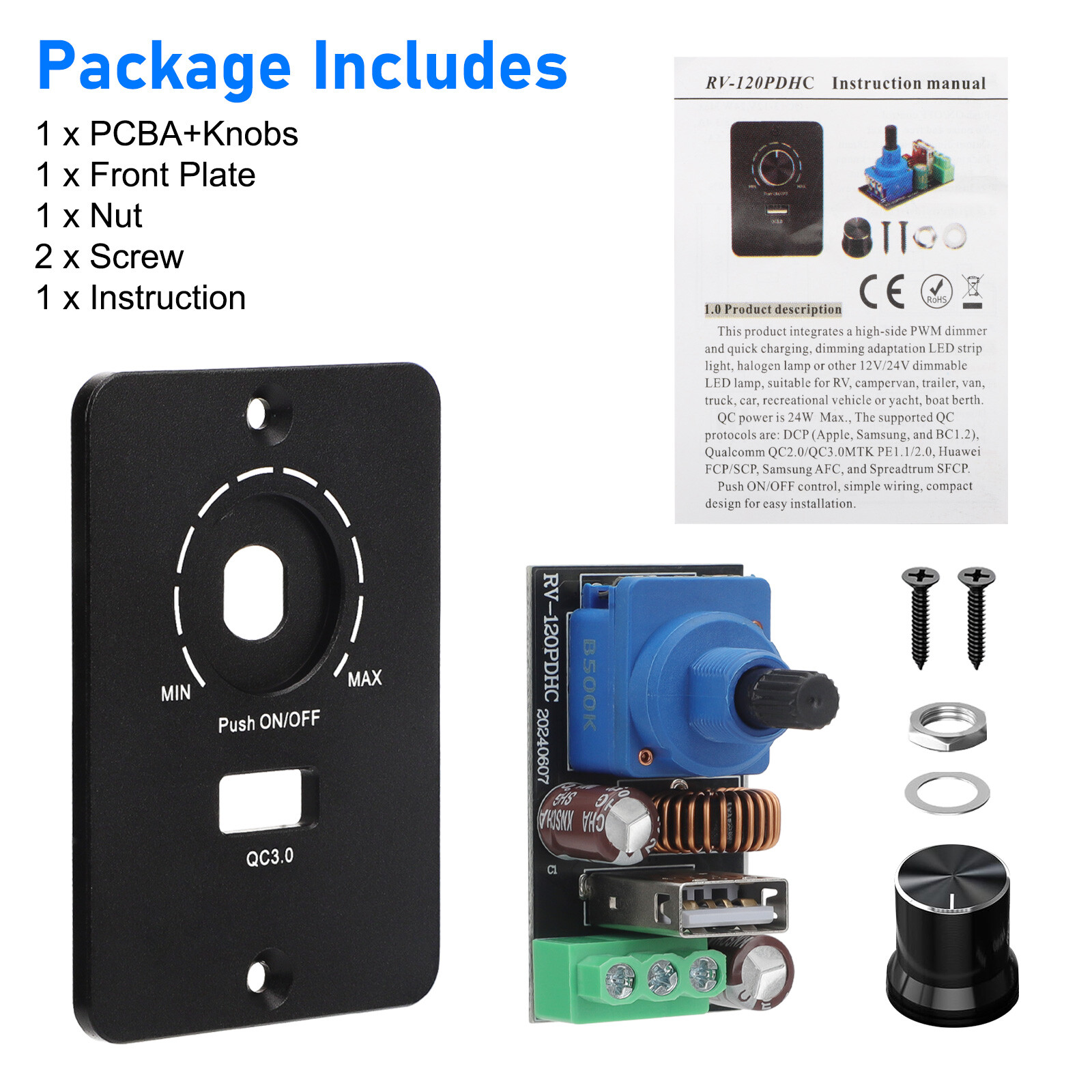 PWM Dimmer Switch DC 12V QC3.0 Fast Charging Rotary Knob Dimming RV Light