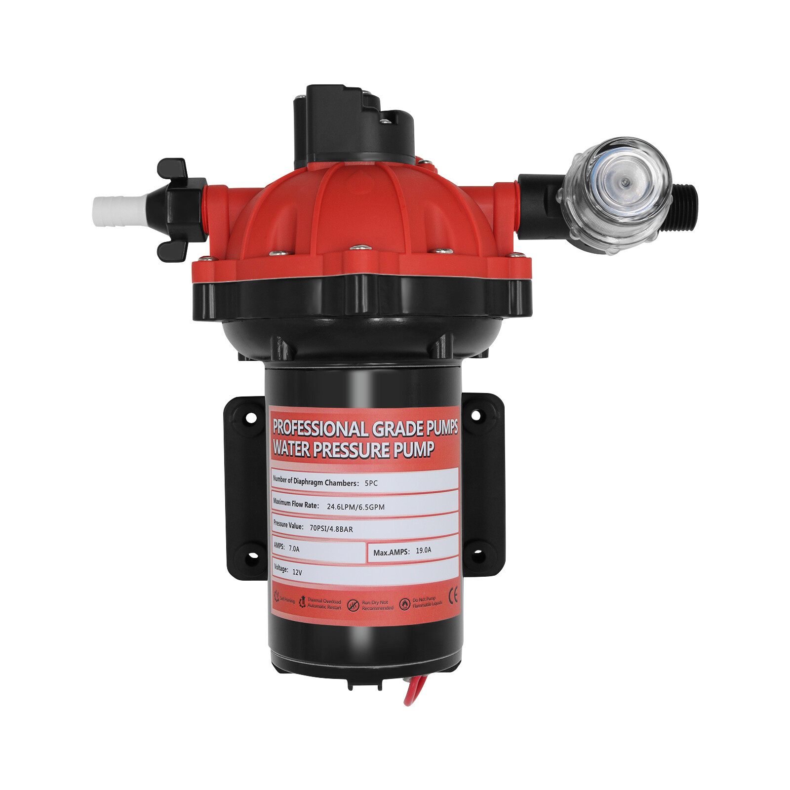 12V RV Water Pump 6.5GPM 70PSI 5-Chamber Diaphragm Pump Self-Priming Pump Boat