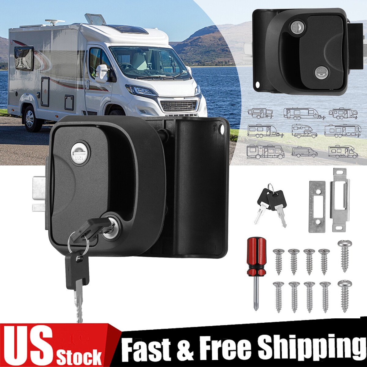 Black RV Paddle Entry Door Lock Latch Handle Knob Deadbolt For Camper Trailer