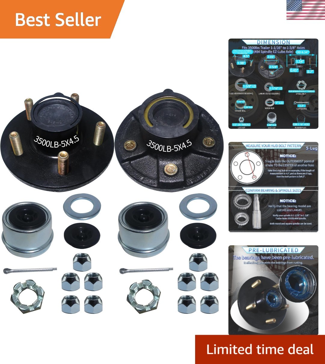 5 Lug 4.5” Idler Hub Kit for 3500lb Spindle – Sturdy Carbon Steel Construction
