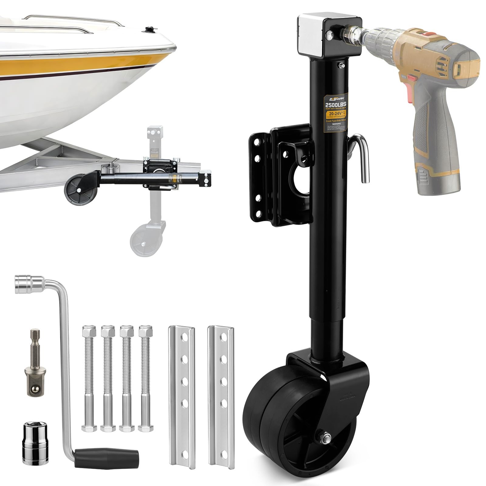 RVSHARK 2500lbs Trailer Jack with Dual Wheel, 20-24V Cordless Drill Black