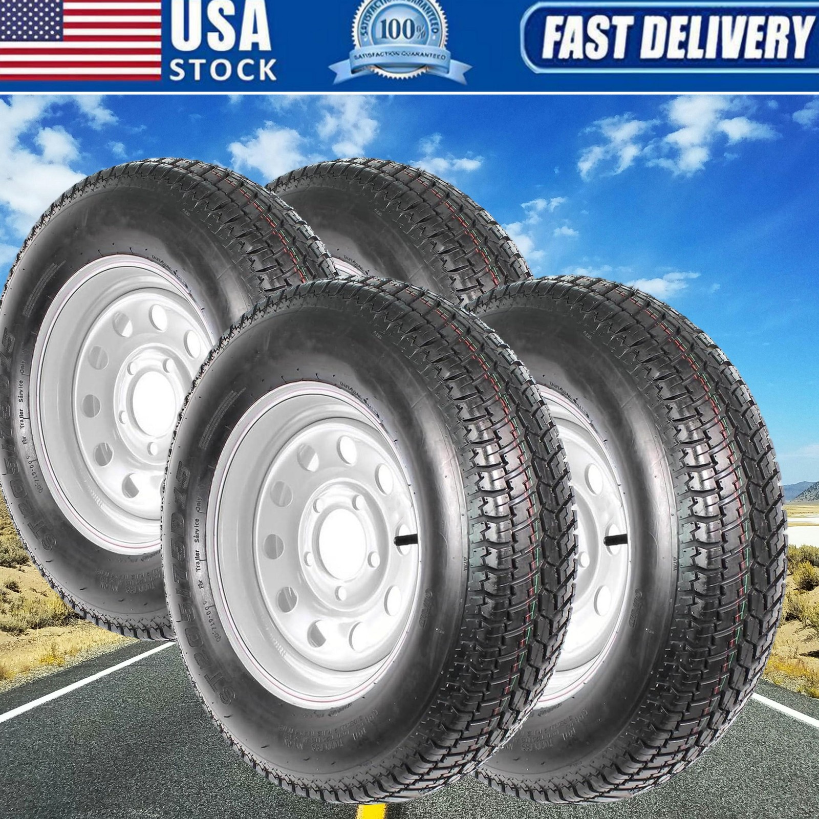 4 Pack ST205/75D15 Trailer Tires on Rims 205/75 15 in. 5 Lug Silver Spoke Wheel