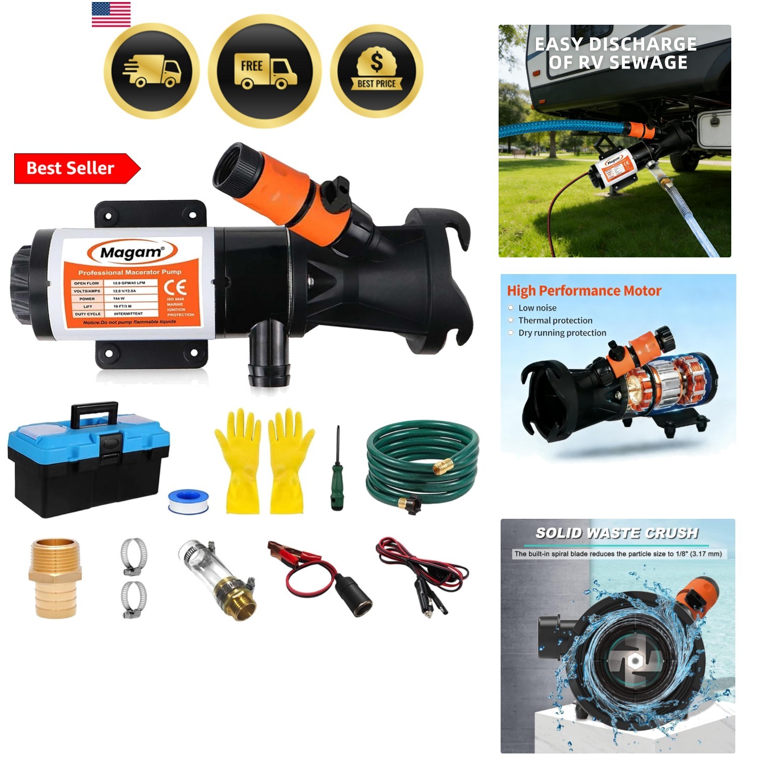 RV Macerator Pump 12V,12GPM Suction 3.2 feet Lift 10 feet with Garden Hose Di…