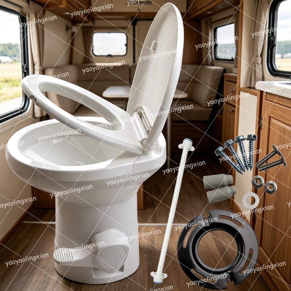 For Camper Trailer RV Gravity Flush Toilet Foot Pedal HDPE White 20″ Seat Height