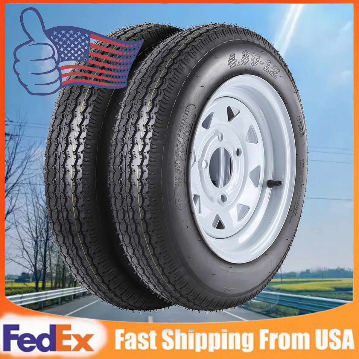 2 Pack 4.80-12 4.80×12 Trailer Tires on Rims 5 Lug 4.5″ PCD White Spoke Wheels