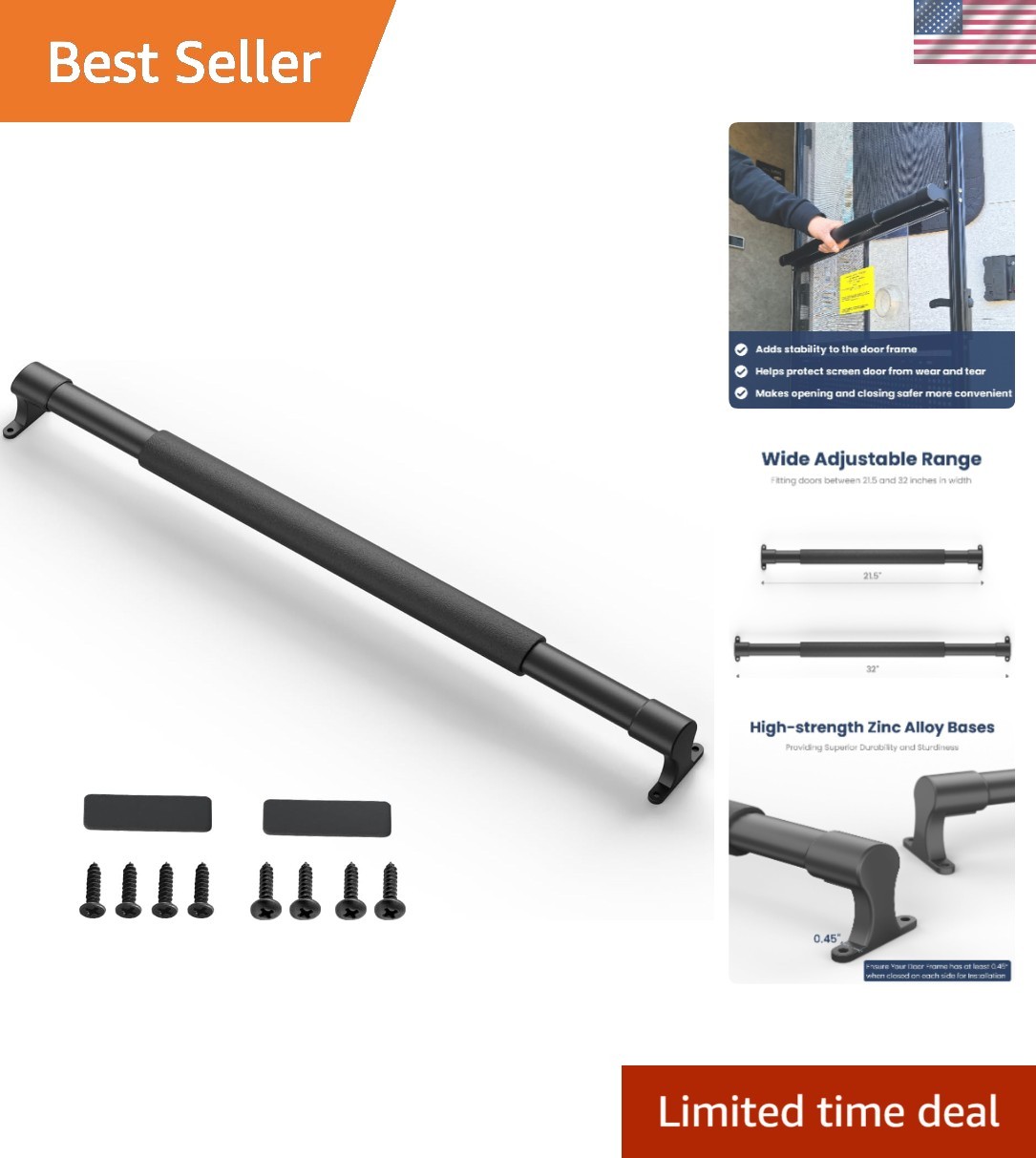 Adjustable RV Screen Door Grab Bar 21.5″-32″ – Durable Black Metal & Plastic