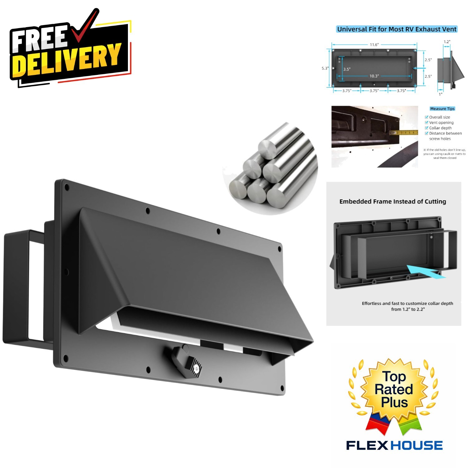 Adjustable Black Aluminum RV Vent Cover with Complete Install Kit – 1.2″ – 2.2″