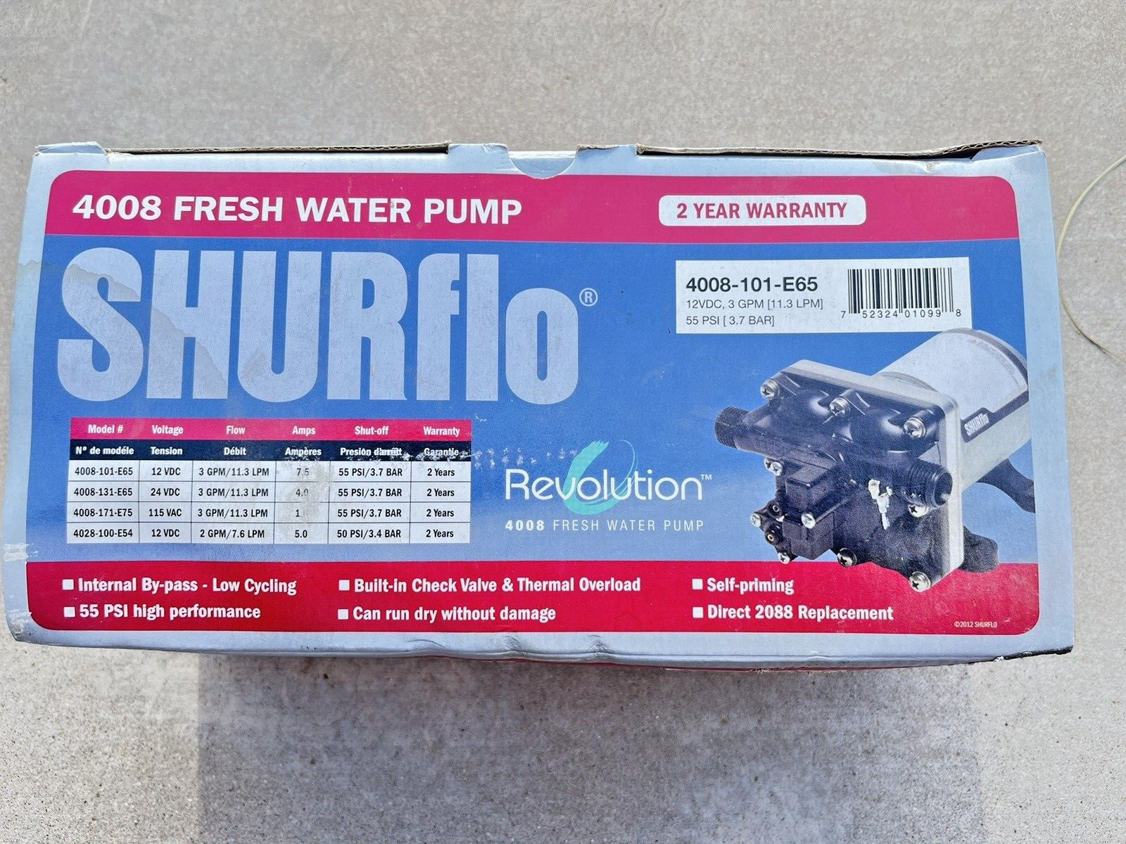 Shurflo RV, 12 Volt, Fresh Water Pump, 7.5 AMPS, 55 PSI, 3.0 GPM