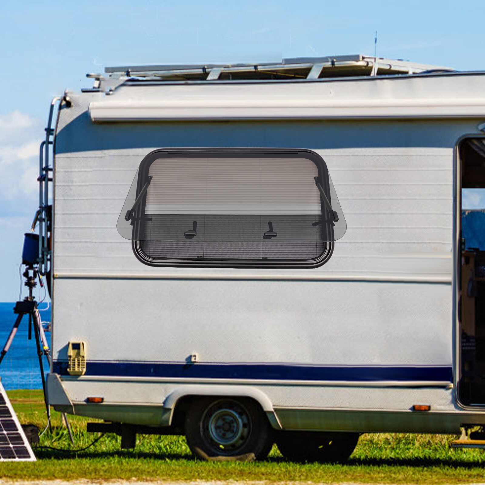 RV Caravan Camper Top-Hinge Push-Out Window 900mm x 550mm 30mm with Blind Screen