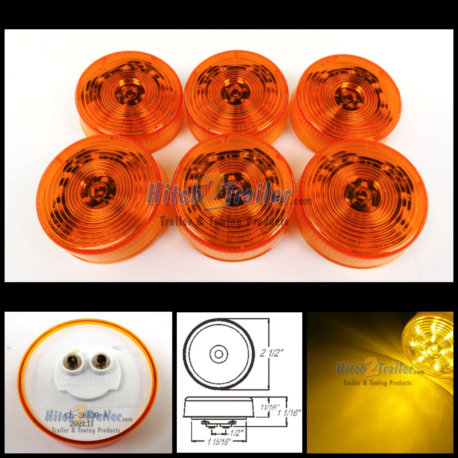 (6) AMBER 12 LED Light Trailer 2-1/2″ round, Clearance marker 2.5″ Lights only