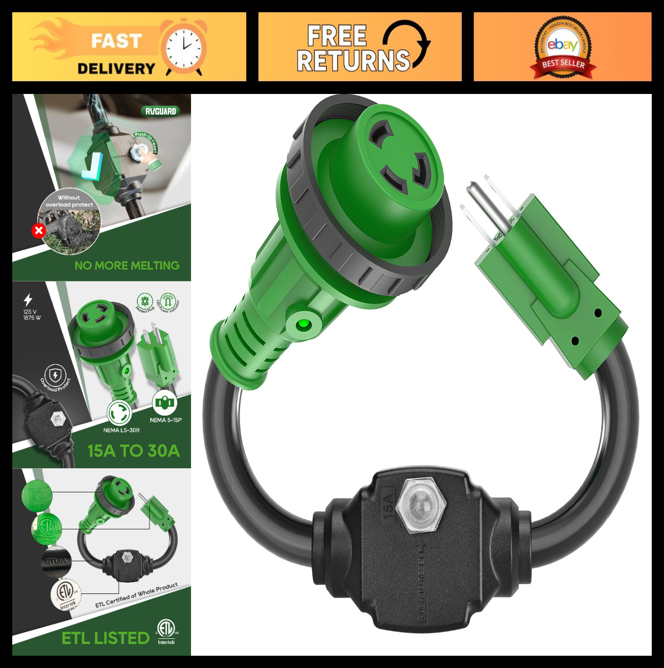30 Amp RV Adapter Cord 110V with Circuit Breaker & LED Indicator – 18″ NEMA 5-15
