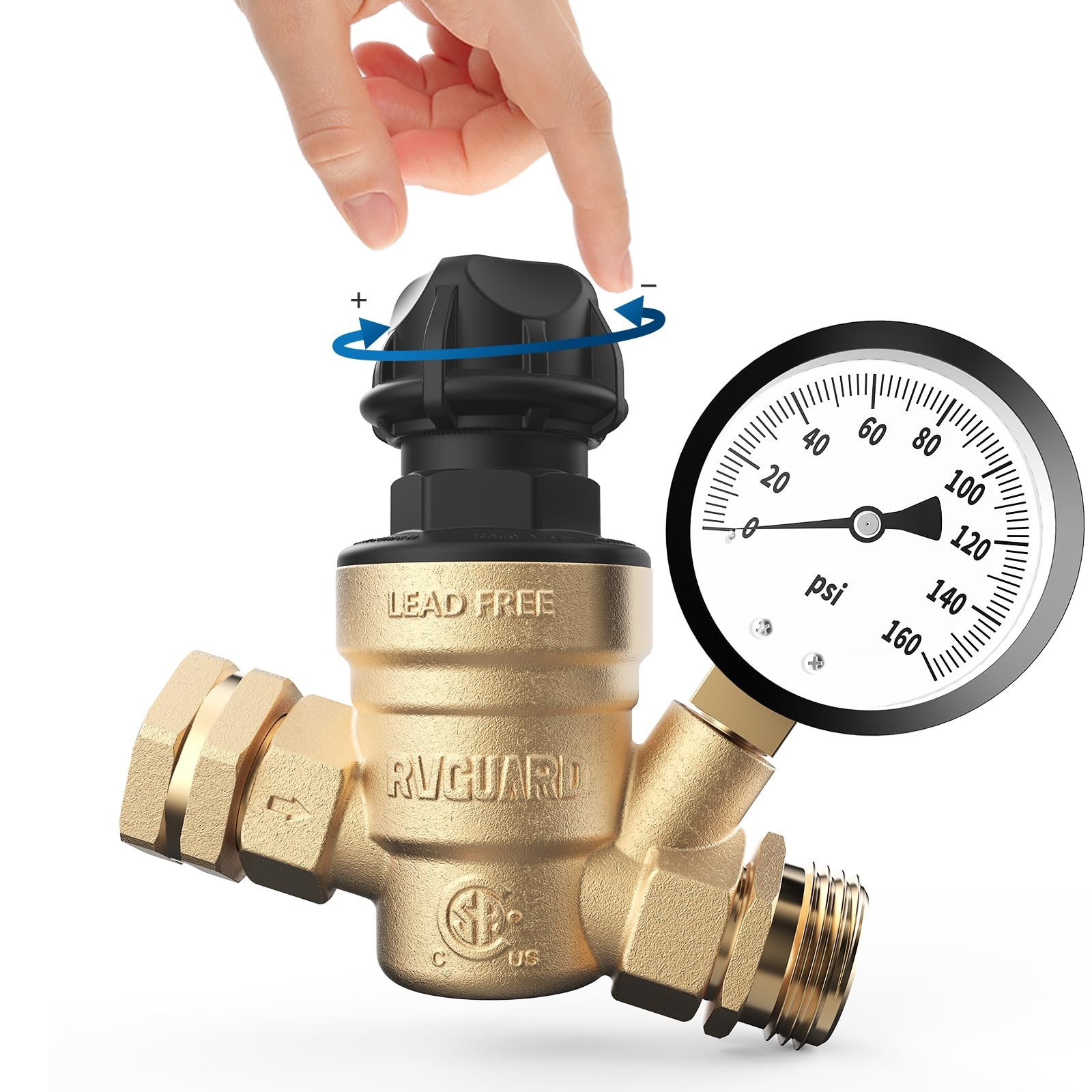 RVGUARD RV Water Pressure Regulator Valve With Adjustable Knob, Brass