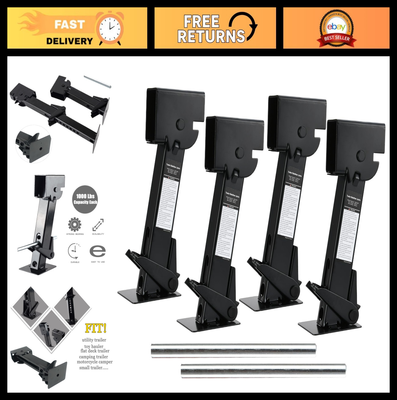Set of 4 Trailer Stabilizer Leveling Jacks | Folding Telescoping Legs, 1000lbs C