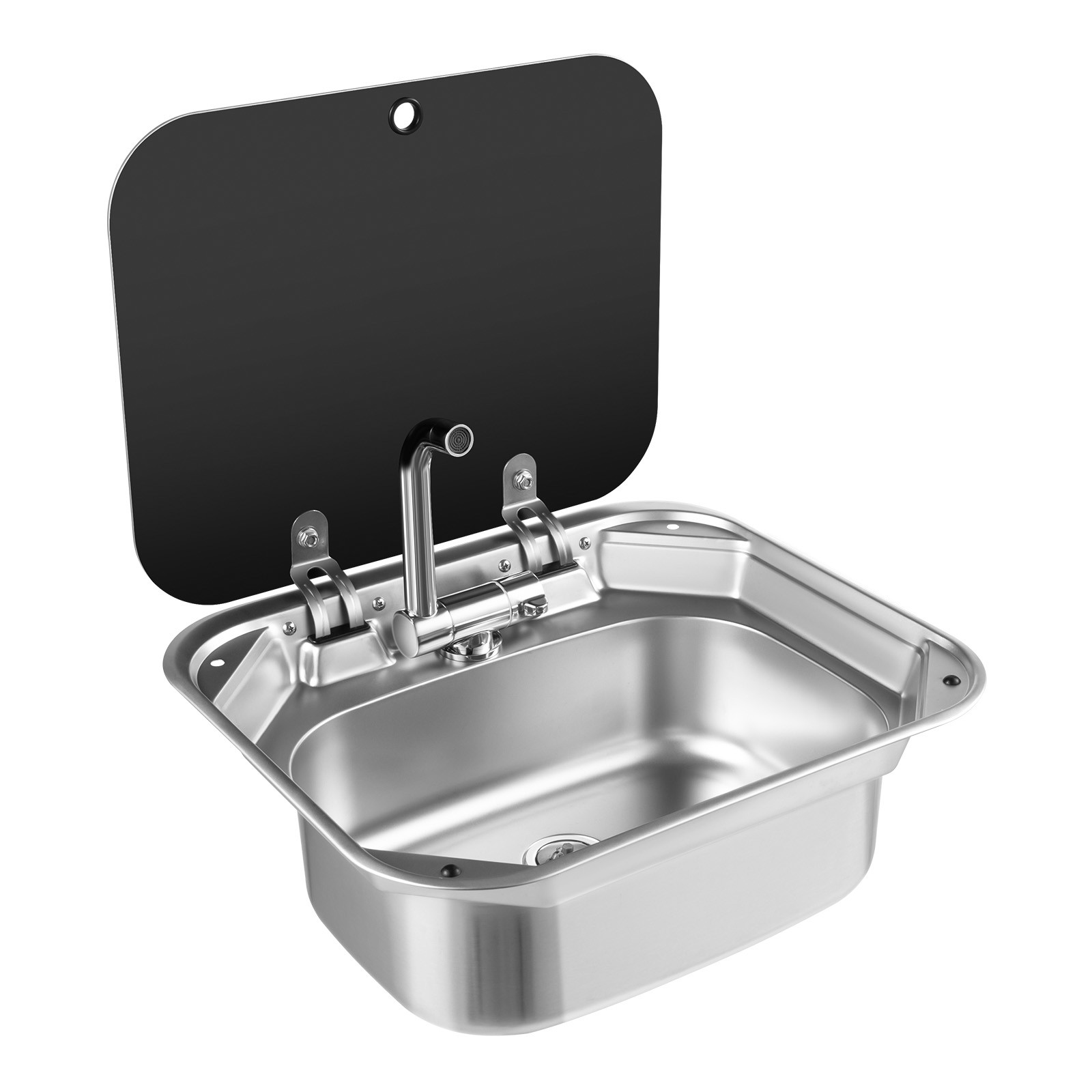 RV Caravan Camper Sink Stainless Steel Hand Wash Basin & Glass Lid & Faucet