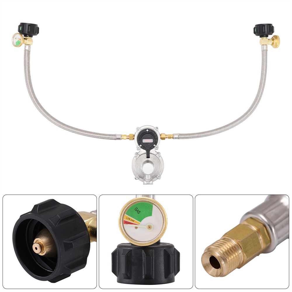 2-Stage RV Camper LP Propane Regulator Automatic Changeover & 2 Tank Hoses New