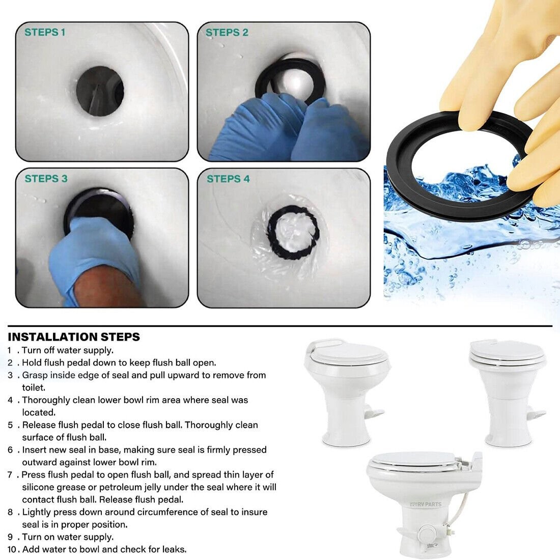 Black 385311658 Toilet Flush Ball Seal Kit for Dometic 300 310 320 Series Toilet