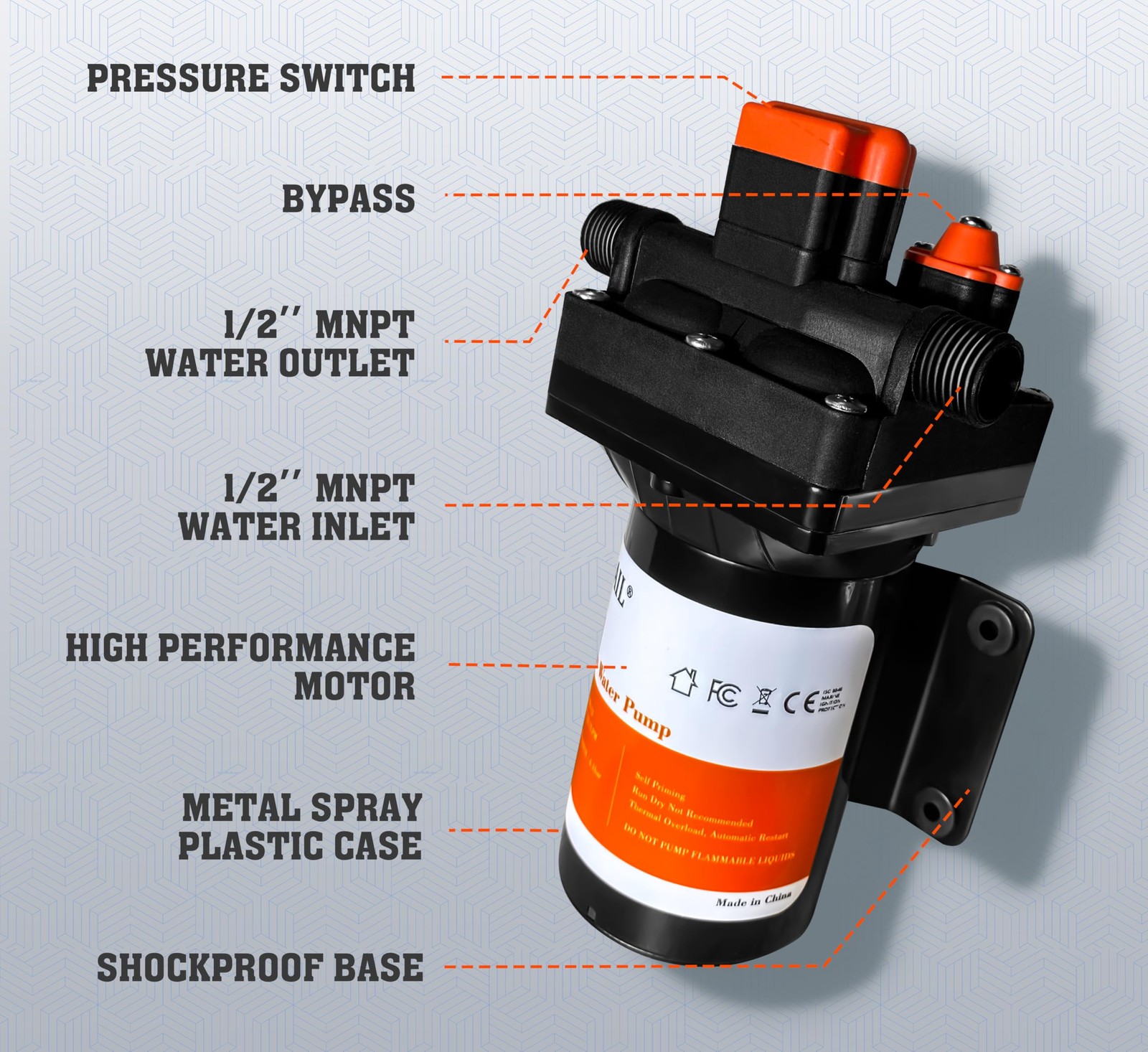 [Upgraded Version] 12V DC Self-Priming Diaphragm Water Black+orange