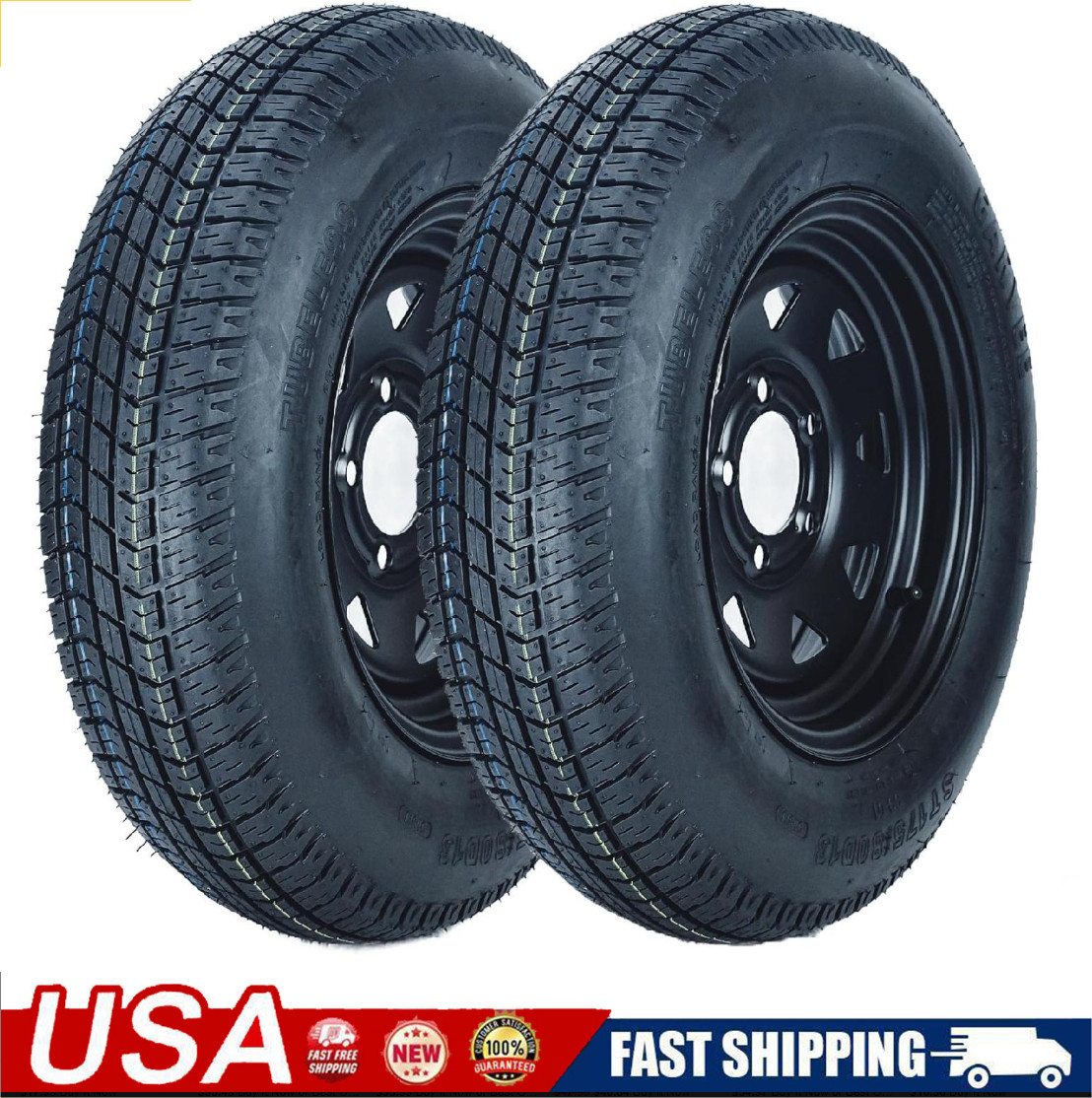 🚩2 Pack ST175/80D13 Trailer Tires with 13″ Rims 175/80 D 13 5 Lug on 4.5 Black