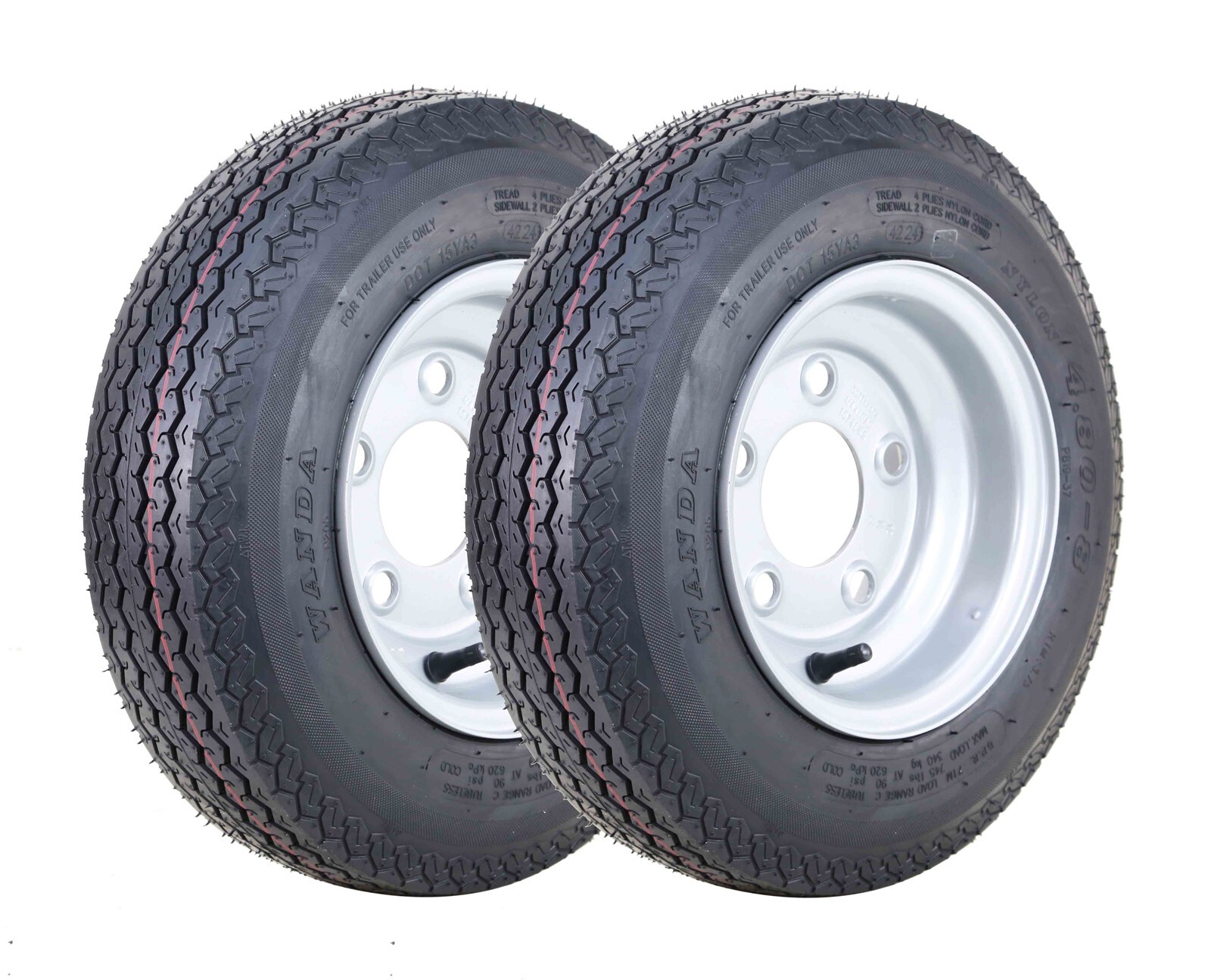 2 Wanda Trailer Tire Assembly 4.80-8 6-Ply Silver Rim 5 Lugs on 4.5″